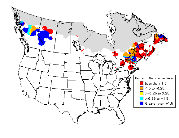 Blackpoll Warbler Figure 5. Regional trends in Blackpoll Warbler populations; data from the Breeding Bird Survey, 1996-2003.